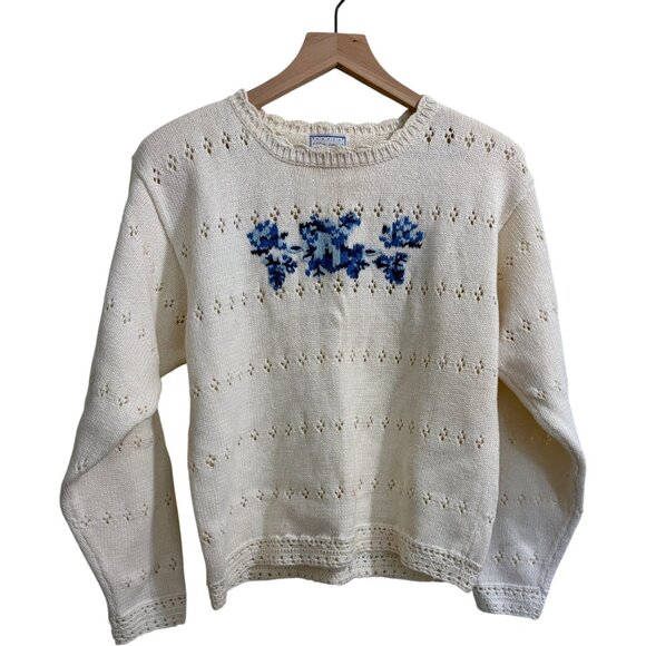 Vintage 90s Floral Textured Knit Embroidered Cottagecore Grandma Sweater - Picture 1 of 5